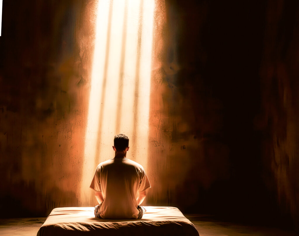 Rückseite eines Mannes der auf einem Kissen sitzt. Lichtdurchbrochen von Streifen fällt in den Raum.