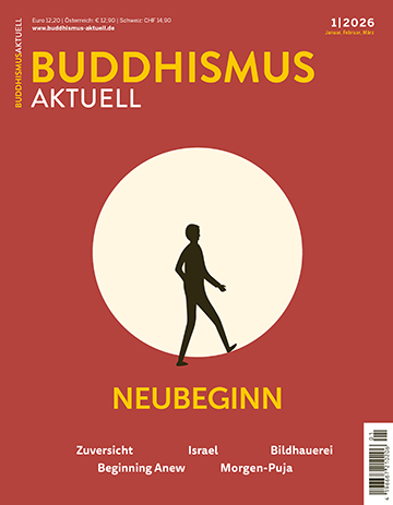 Vorschau Titelblatt BUDDHISMUS aktuell 1/2026: Mensch in einem Wissen Kreis vor rotem Hintergrund