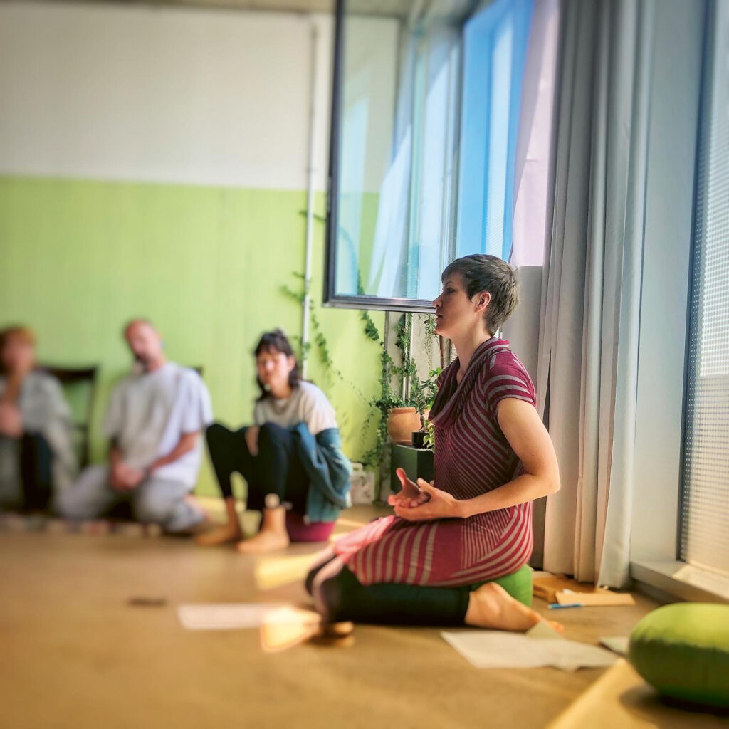 Meditation Talk, Menschen im Schneidersitz oder Fersensitz lauschen einem Dhamma-Vortrag