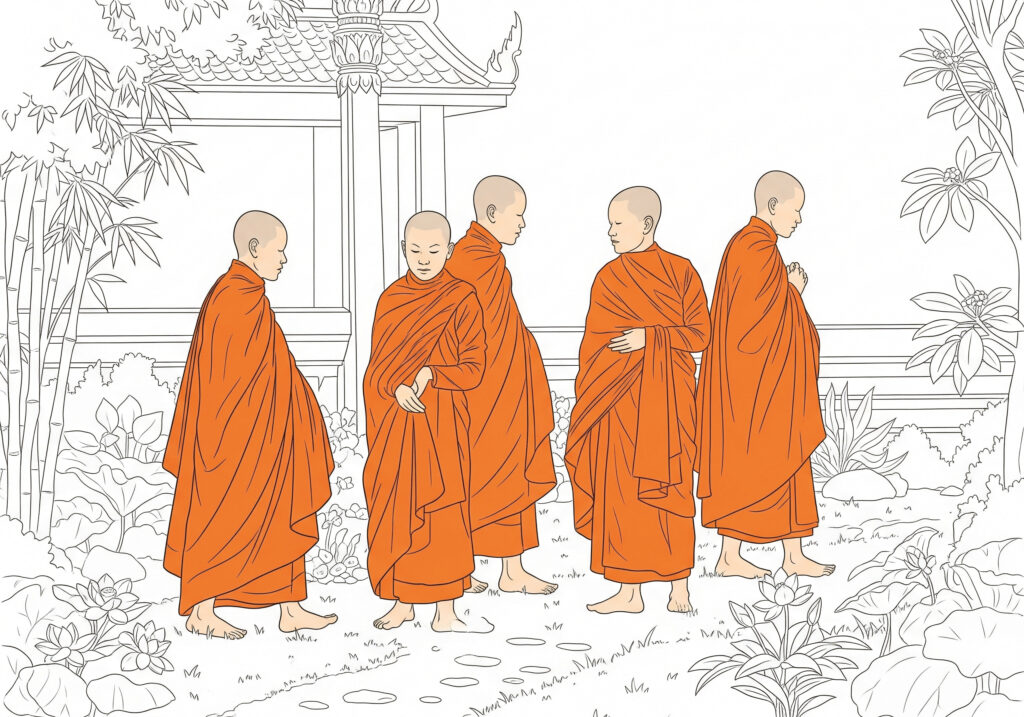 KI-generiertes Bild: 5 Mönche vor grau gezeichnetem Hintergrund 