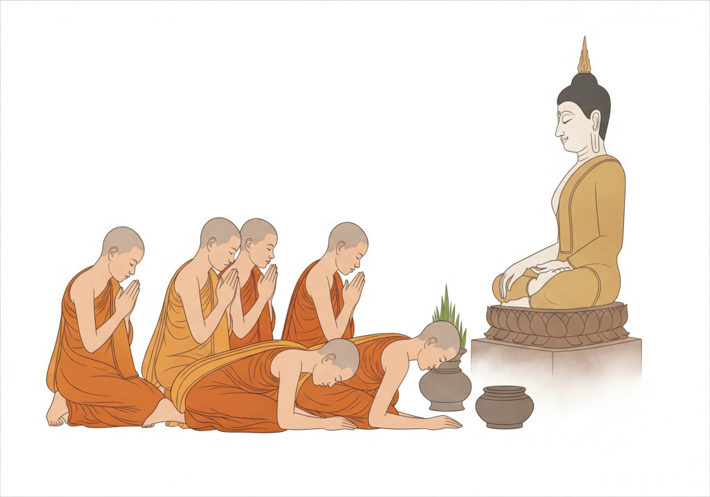 KI-generiertes Bild: Mönche verbeugen sich vor dem Buddha